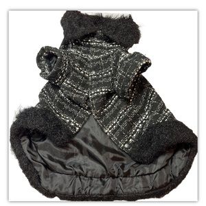 Doggiduds Black dog coat white Knit Faux Fur Collar Snap Up Lined Winter Coat L